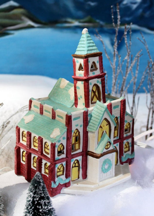 Christmas Decoration. Vintage Porcelain Xmas Village Cathedral with Lights.  Holiday Decoration with Light Kit Made by Holiday Magic. - Tampa Home & Garden Store