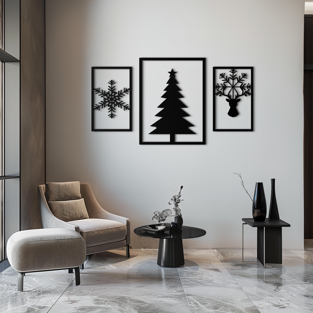 Christmas Tree & Reindeer Metal Wall Art Set – 3 Piece Modern Holiday Decor- KAF377 - Tampa Home & Garden Store