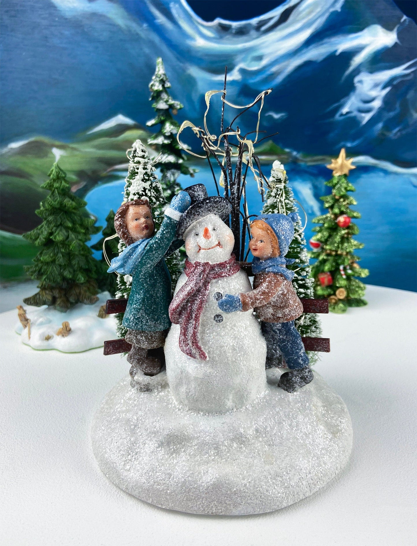 Christmas Village Accessories.  Dressed Christmas Trees by Nikko, Korea. Girl Figurine by Lefton.   Set of Two Trees and Little Girl. - Tampa Home & Garden Store