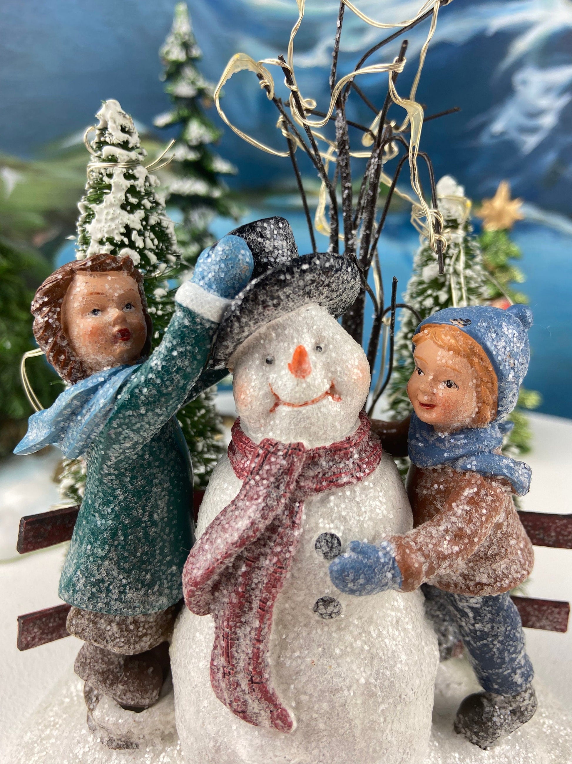 Christmas Village Accessories.  Dressed Christmas Trees by Nikko, Korea. Girl Figurine by Lefton.   Set of Two Trees and Little Girl. - Tampa Home & Garden Store