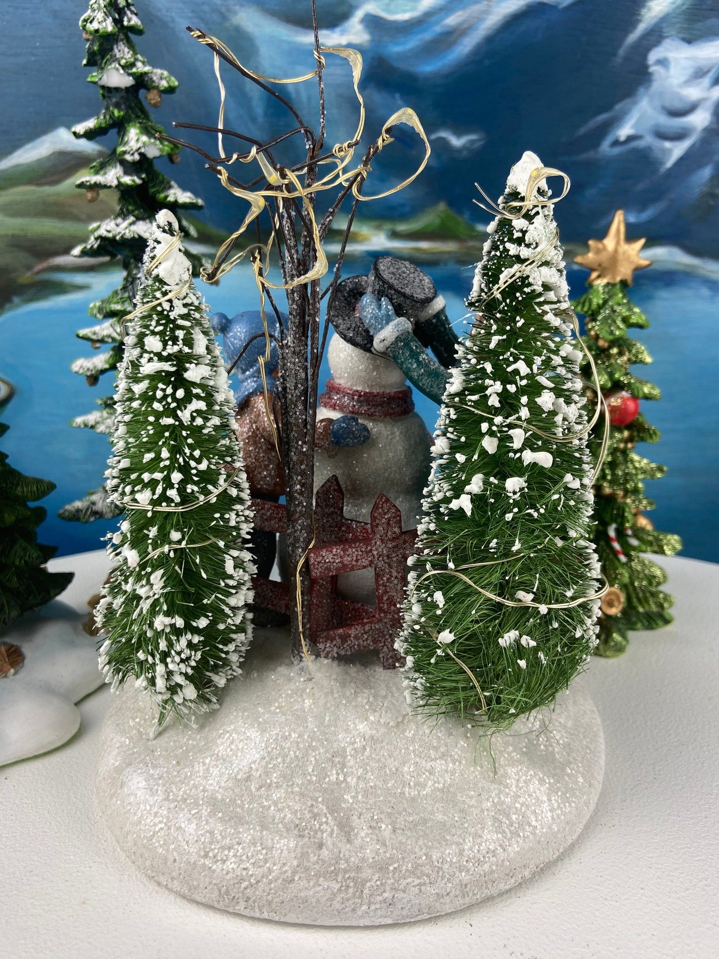 Christmas Village Accessories.  Dressed Christmas Trees by Nikko, Korea. Girl Figurine by Lefton.   Set of Two Trees and Little Girl. - Tampa Home & Garden Store