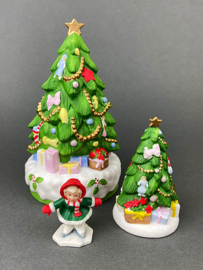 Christmas Village Accessories.  Dressed Christmas Trees by Nikko, Korea. Girl Figurine by Lefton.   Set of Two Trees and Little Girl. - Tampa Home & Garden Store