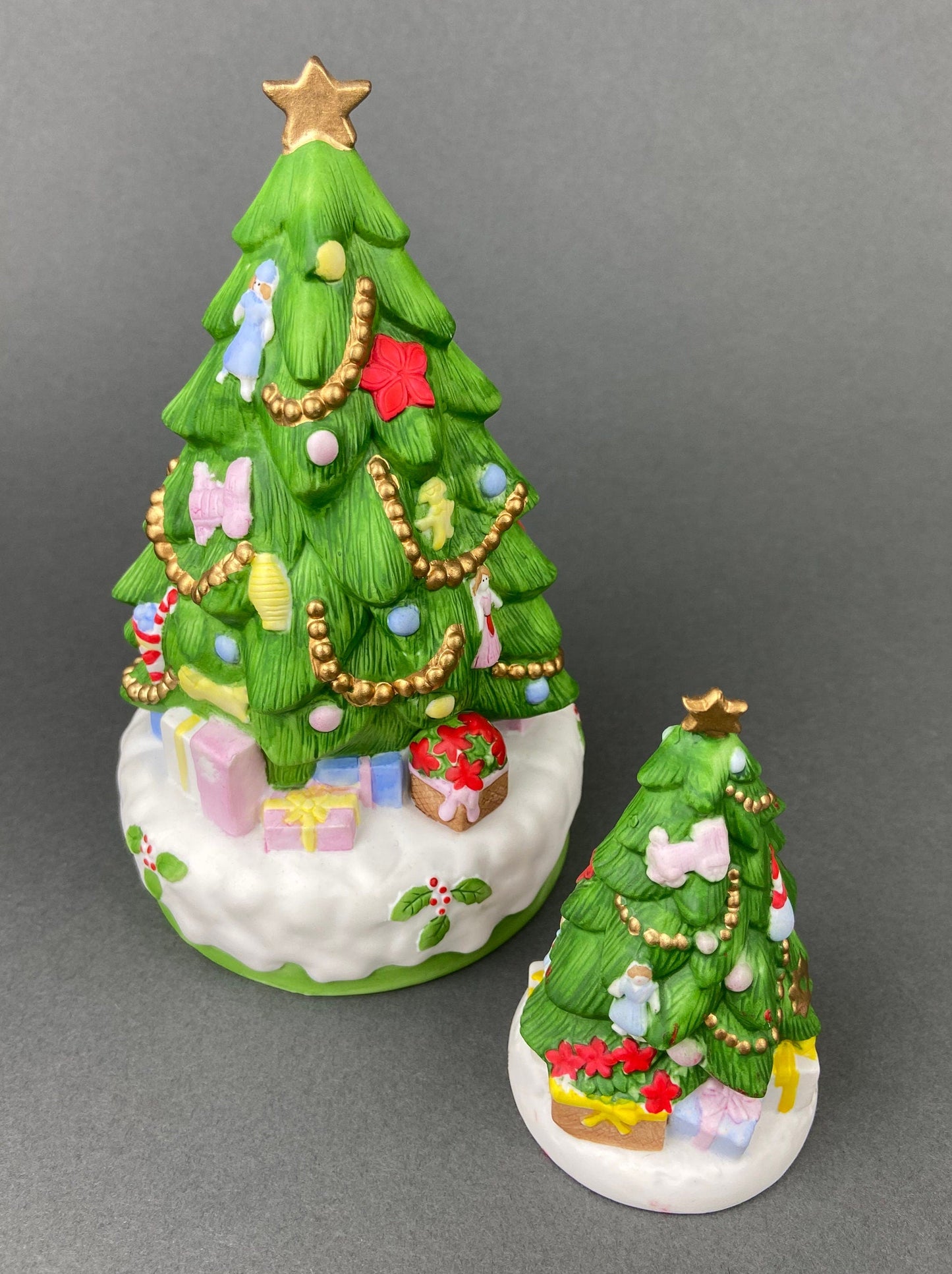 Christmas Village Accessories.  Dressed Christmas Trees by Nikko, Korea. Girl Figurine by Lefton.   Set of Two Trees and Little Girl. - Tampa Home & Garden Store