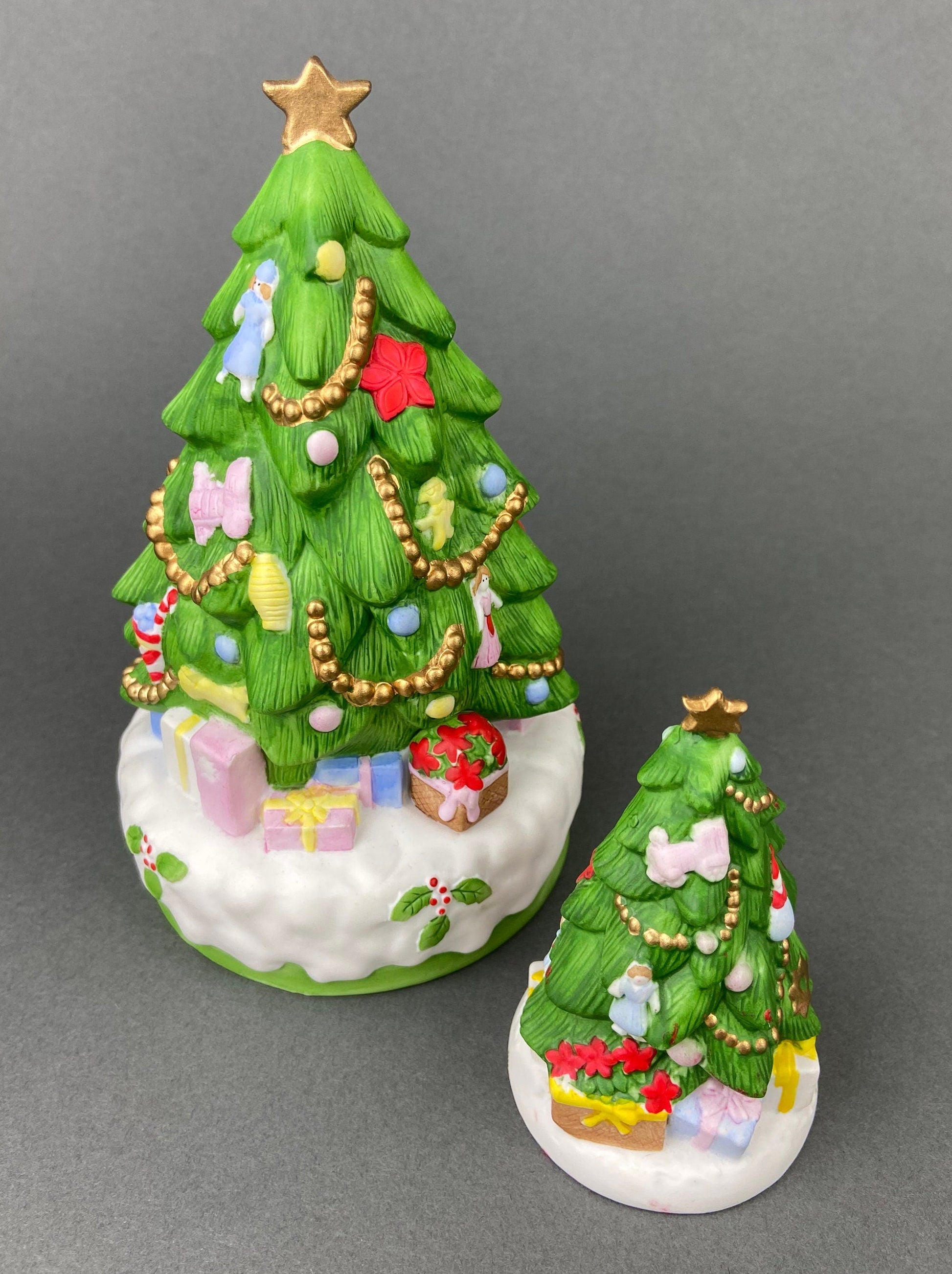 Christmas Village Accessories.  Dressed Christmas Trees by Nikko, Korea. Girl Figurine by Lefton.   Set of Two Trees and Little Girl. - Tampa Home & Garden Store
