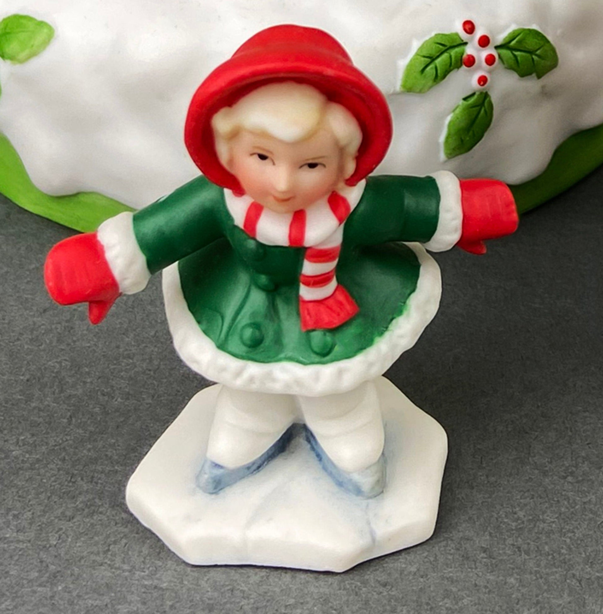 Christmas Village Accessories.  Dressed Christmas Trees by Nikko, Korea. Girl Figurine by Lefton.   Set of Two Trees and Little Girl. - Tampa Home & Garden Store