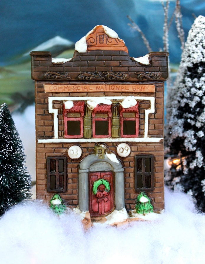 Christmas Village Bank with Lights - Hand made & Painted Holiday Decoration - Tampa Home & Garden Store