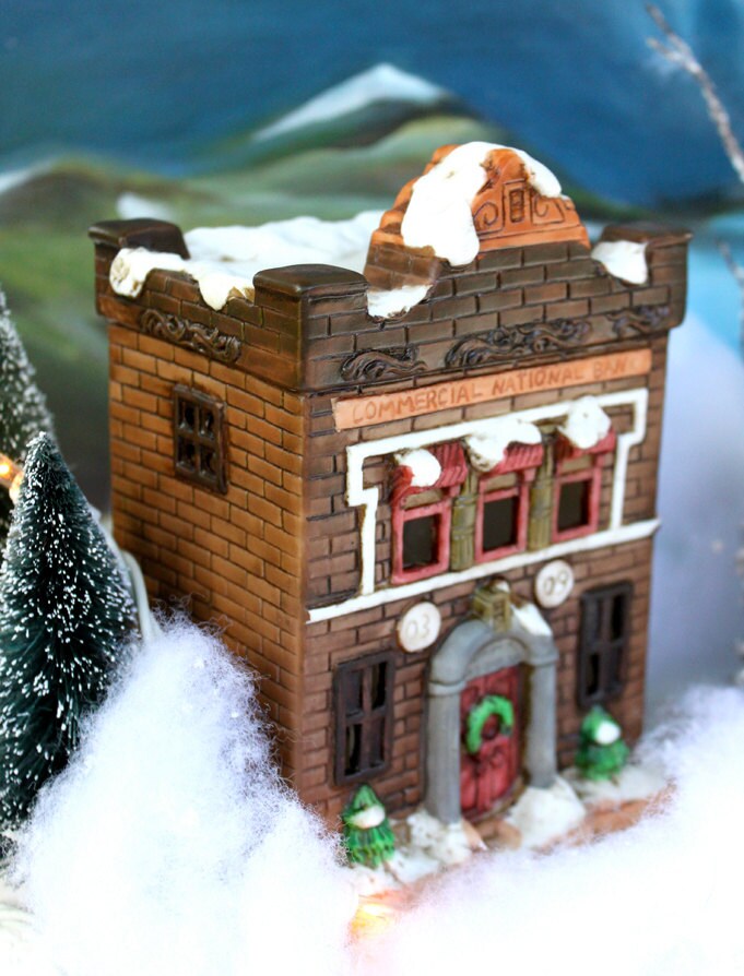 Christmas Village Bank with Lights - Hand made & Painted Holiday Decoration - Tampa Home & Garden Store