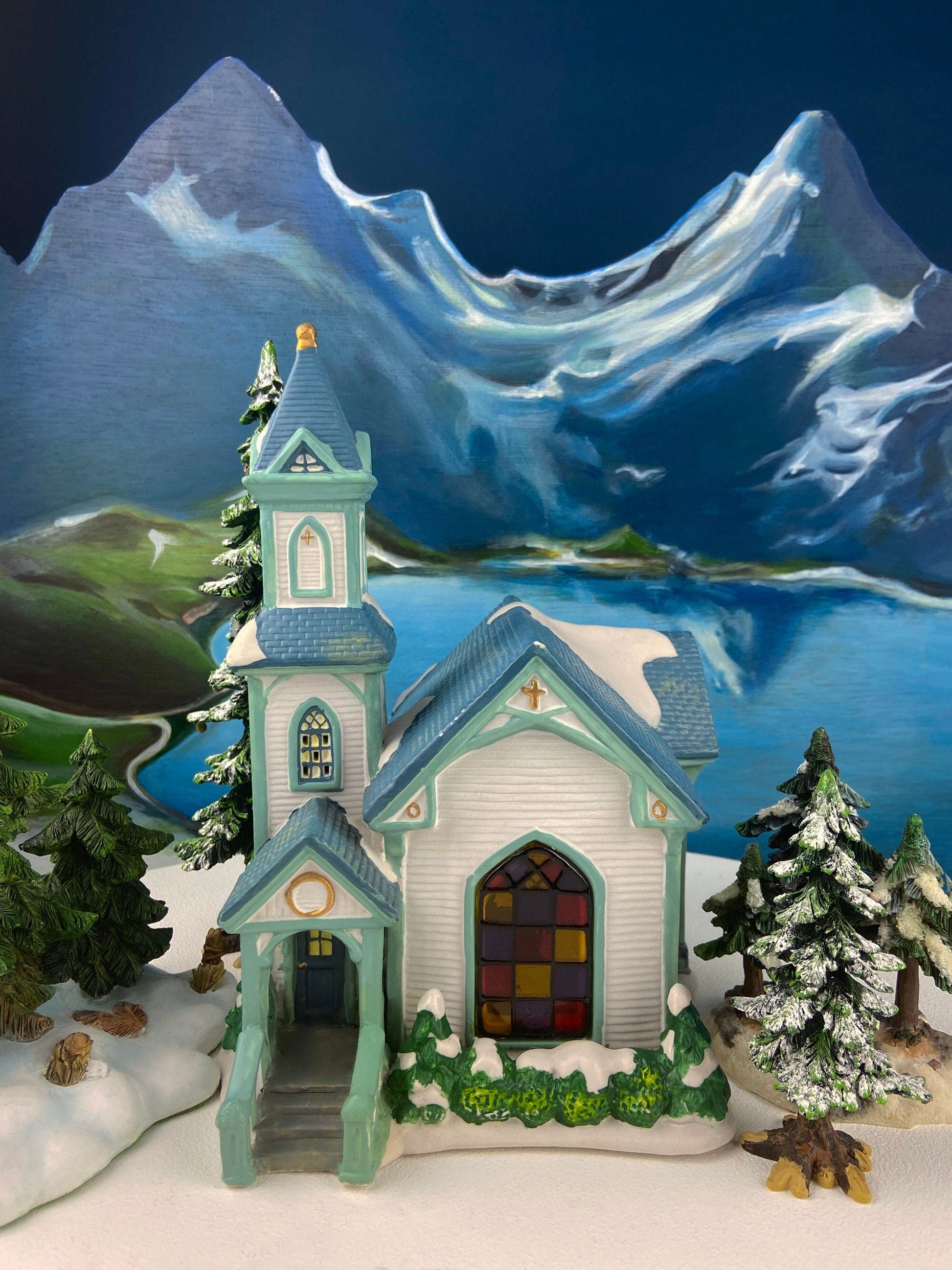 Christmas Village Cedar Valley Chapel Towne Series. Illuminated Blue Church with Stained Glass Window. Santa's Workbench. Night Light. - Tampa Home & Garden Store