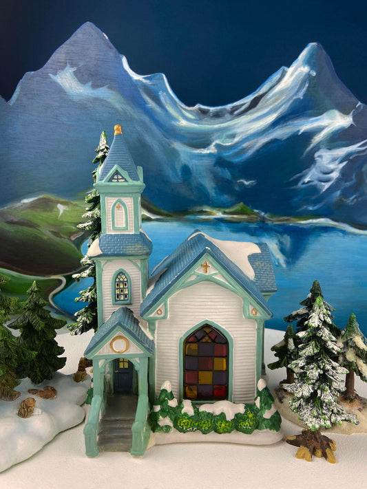 Christmas Village Cedar Valley Chapel Towne Series. Illuminated Blue Church with Stained Glass Window. Santa's Workbench. Night Light. - Tampa Home & Garden Store