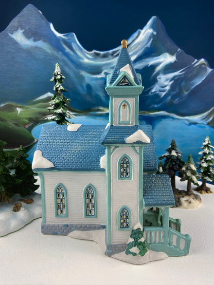 Christmas Village Cedar Valley Chapel Towne Series. Illuminated Blue Church with Stained Glass Window. Santa's Workbench. Night Light. - Tampa Home & Garden Store