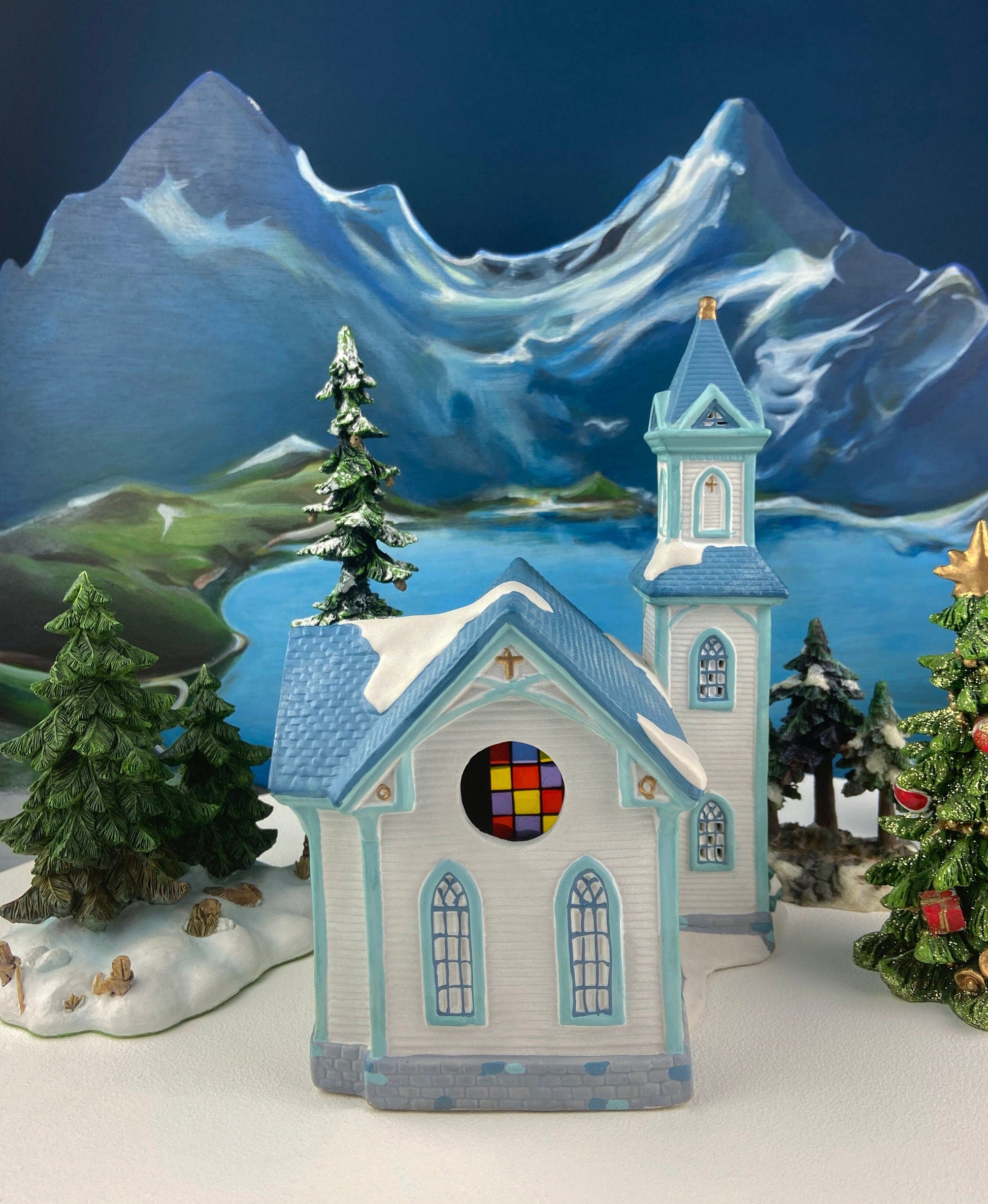 Christmas Village Cedar Valley Chapel Towne Series. Illuminated Blue Church with Stained Glass Window. Santa's Workbench. Night Light. - Tampa Home & Garden Store