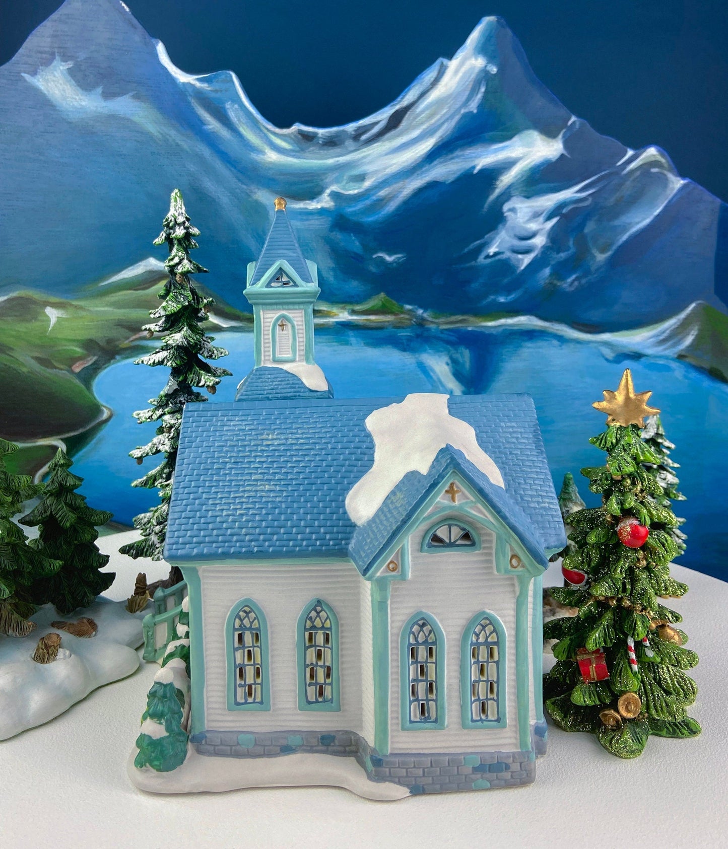 Christmas Village Cedar Valley Chapel Towne Series. Illuminated Blue Church with Stained Glass Window. Santa's Workbench. Night Light. - Tampa Home & Garden Store