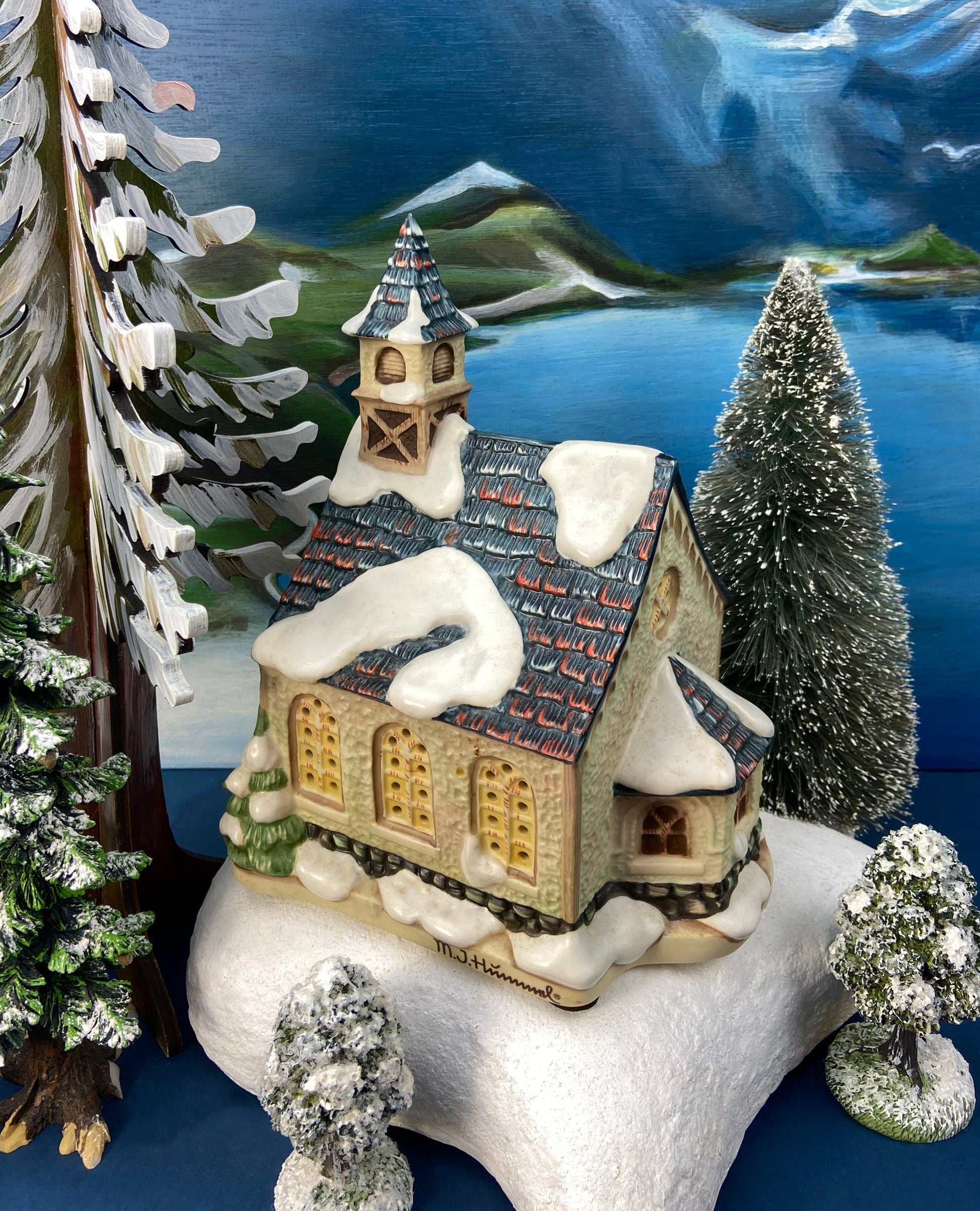 Christmas Village Cedar Valley Chapel Towne Series. Illuminated Blue Church with Stained Glass Window. Santa's Workbench. Night Light. - Tampa Home & Garden Store