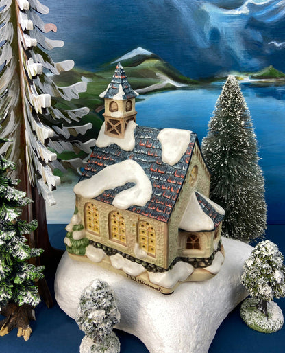 Christmas Village Cedar Valley Chapel Towne Series. Illuminated Blue Church with Stained Glass Window. Santa's Workbench. Night Light. - Tampa Home & Garden Store