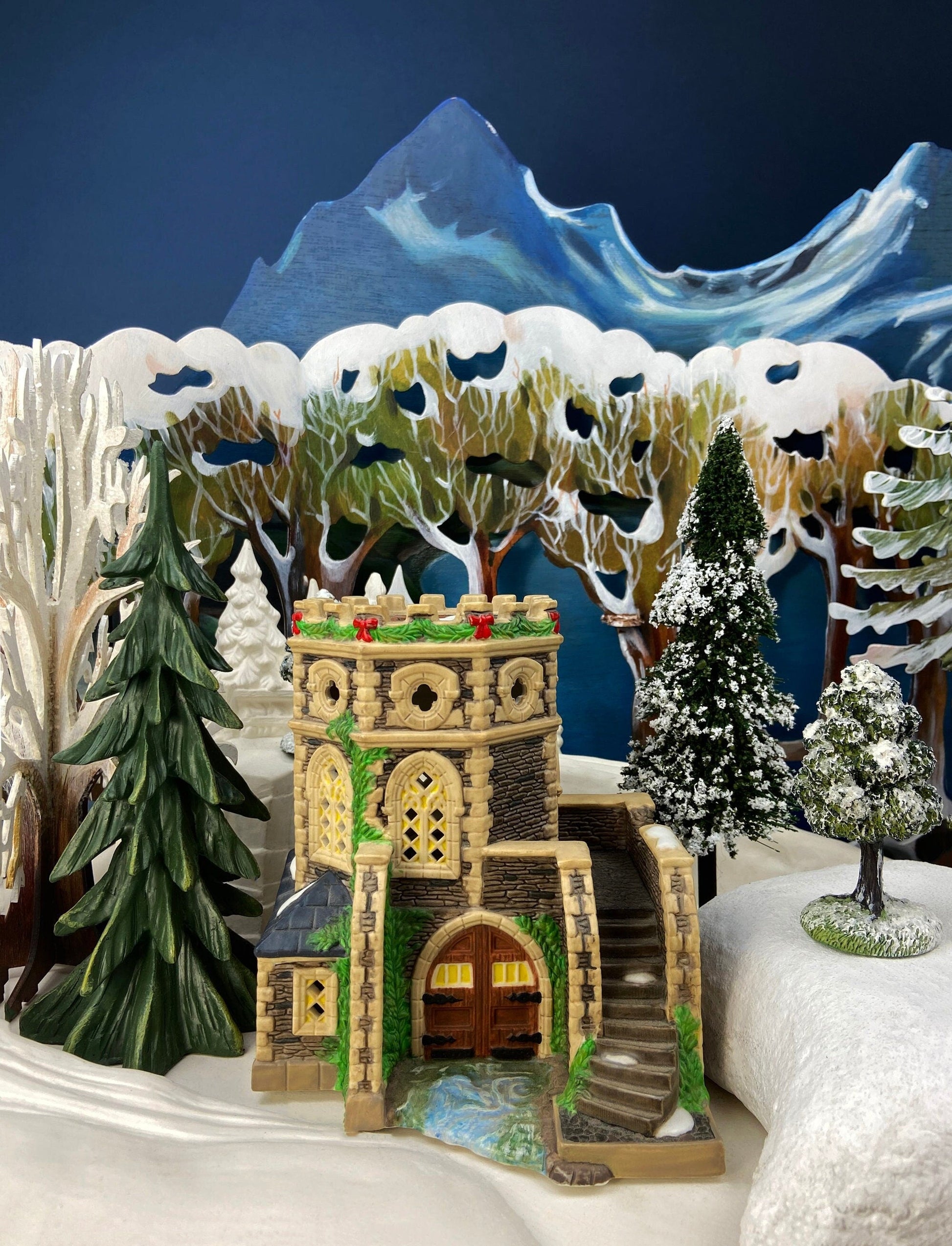 Christmas Village Cedar Valley Chapel Towne Series. Illuminated Blue Church with Stained Glass Window. Santa's Workbench. Night Light. - Tampa Home & Garden Store