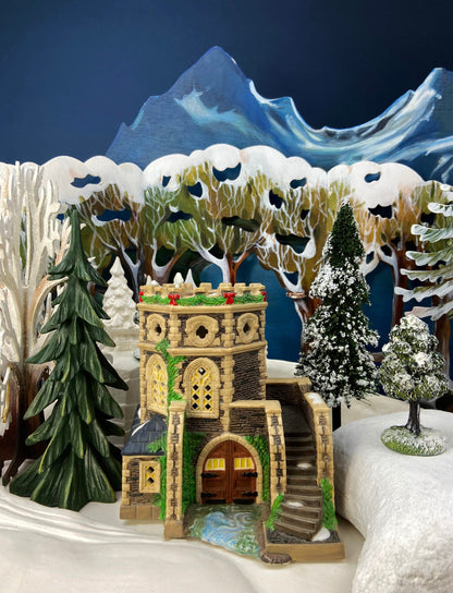 Christmas Village Cedar Valley Chapel Towne Series. Illuminated Blue Church with Stained Glass Window. Santa's Workbench. Night Light. - Tampa Home & Garden Store