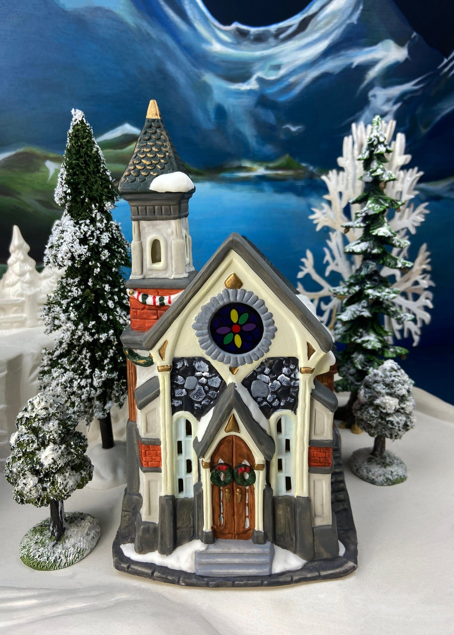 Christmas Village Church with Stained Glass Window. Illuminated House of Worship. Holiday Decor. Christmas Celebration. - Tampa Home & Garden Store