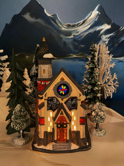 Christmas Village Church with Stained Glass Window. Illuminated House of Worship. Holiday Decor. Christmas Celebration. - Tampa Home & Garden Store