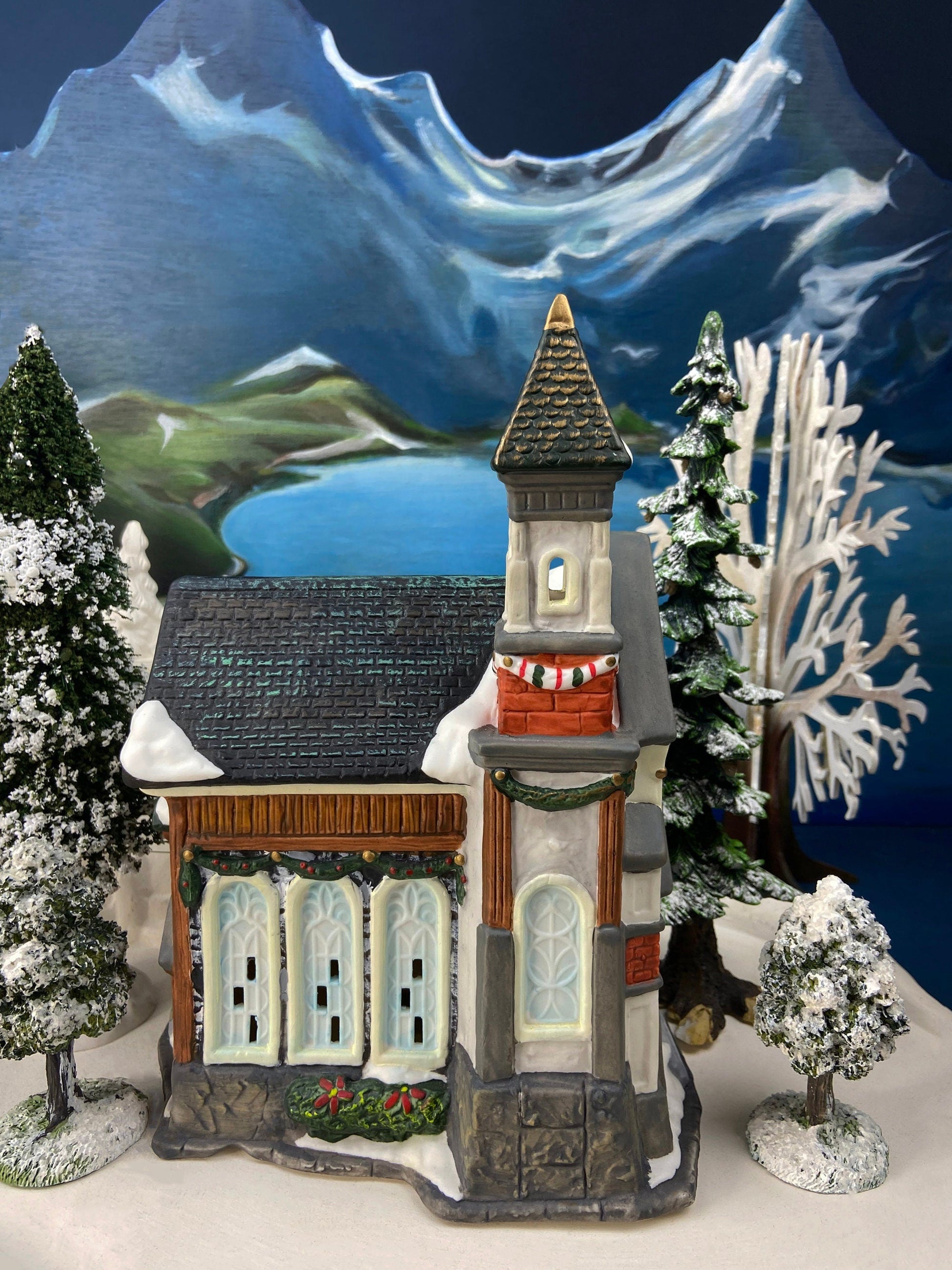 Christmas Village Church with Stained Glass Window. Illuminated House of Worship. Holiday Decor. Christmas Celebration. - Tampa Home & Garden Store