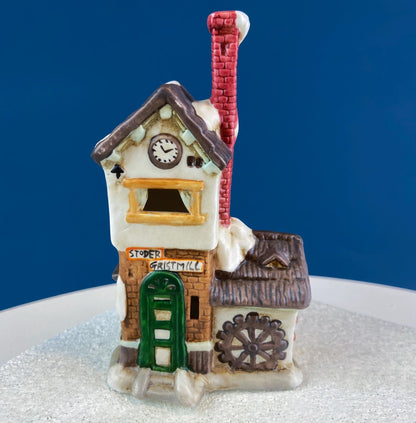 Christmas Village Collection of Small Illuminated Houses. Set of 4 Bldgs: Mill, 2 Churches, Train St., Council Offices, 2 Sheep and 3 Pines. - Tampa Home & Garden Store