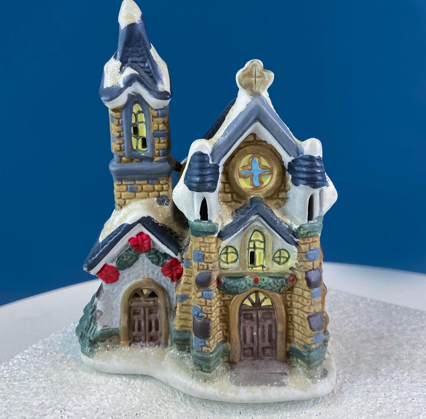 Christmas Village Collection of Small Illuminated Houses. Set of 4 Bldgs: Mill, 2 Churches, Train St., Council Offices, 2 Sheep and 3 Pines. - Tampa Home & Garden Store