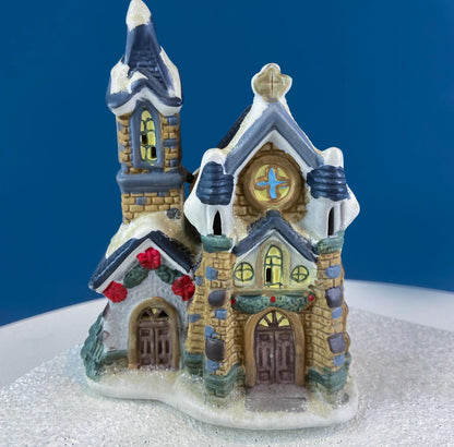 Christmas Village Collection of Small Illuminated Houses. Set of 4 Bldgs: Mill, 2 Churches, Train St., Council Offices, 2 Sheep and 3 Pines. - Tampa Home & Garden Store