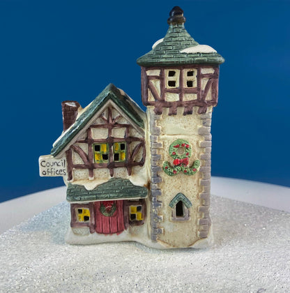 Christmas Village Collection of Small Illuminated Houses. Set of 4 Bldgs: Mill, 2 Churches, Train St., Council Offices, 2 Sheep and 3 Pines. - Tampa Home & Garden Store