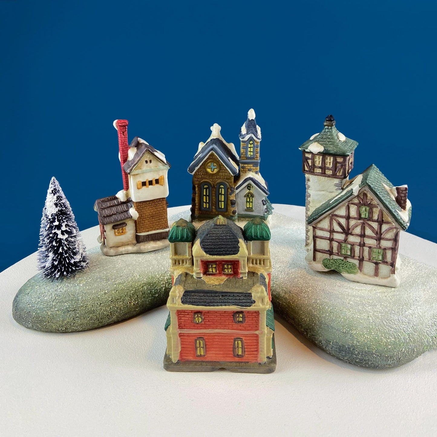 Christmas Village Collection of Small Illuminated Houses. Set of 4 Bldgs: Mill, 2 Churches, Train St., Council Offices, 2 Sheep and 3 Pines. - Tampa Home & Garden Store