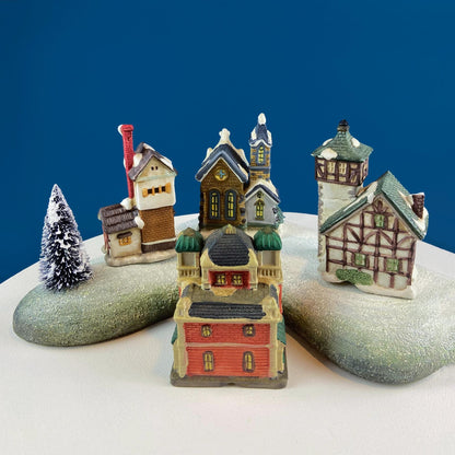 Christmas Village Collection of Small Illuminated Houses. Set of 4 Bldgs: Mill, 2 Churches, Train St., Council Offices, 2 Sheep and 3 Pines. - Tampa Home & Garden Store