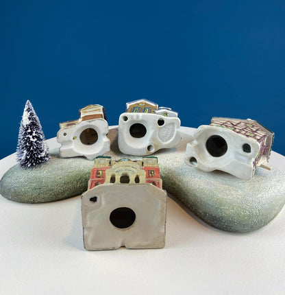 Christmas Village Collection of Small Illuminated Houses. Set of 4 Bldgs: Mill, 2 Churches, Train St., Council Offices, 2 Sheep and 3 Pines. - Tampa Home & Garden Store