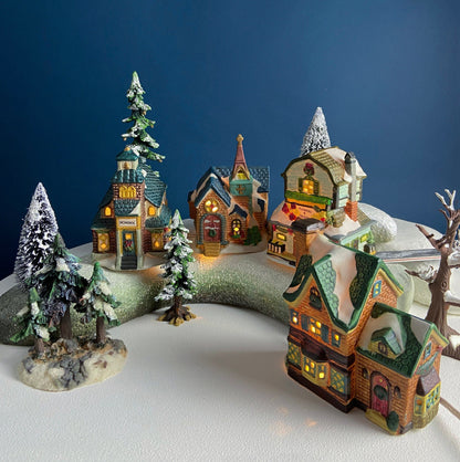 Christmas Village Collection of Small Illuminated Houses. Set of 4 Bldgs: Mill, 2 Churches, Train St., Council Offices, 2 Sheep and 3 Pines. - Tampa Home & Garden Store
