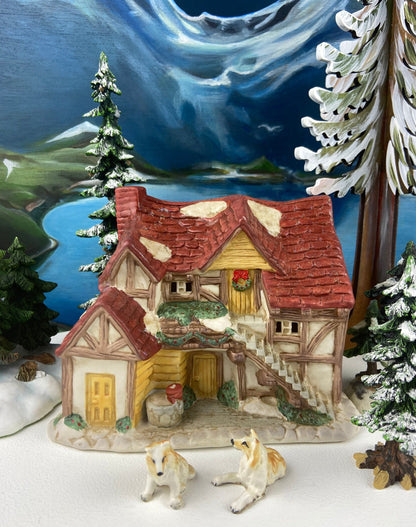 Christmas Village Farm House with Red Roof. Illuminated Building Holiday Decoration. - Tampa Home & Garden Store