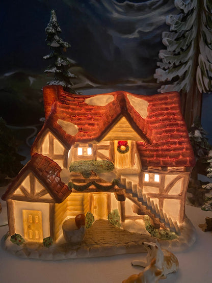 Christmas Village Farm House with Red Roof. Illuminated Building Holiday Decoration. - Tampa Home & Garden Store