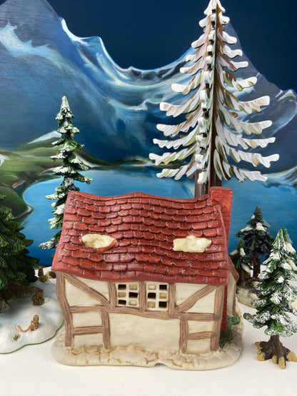 Christmas Village Farm House with Red Roof. Illuminated Building Holiday Decoration. - Tampa Home & Garden Store