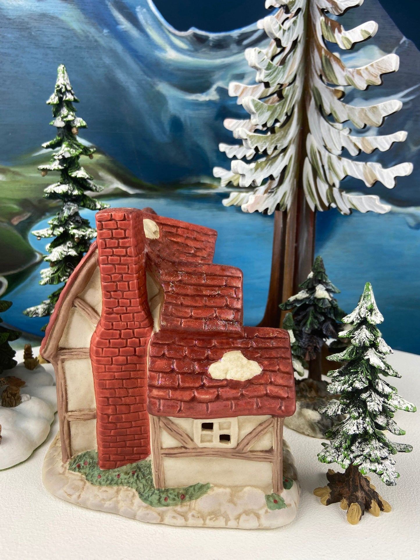 Christmas Village Farm House with Red Roof. Illuminated Building Holiday Decoration. - Tampa Home & Garden Store