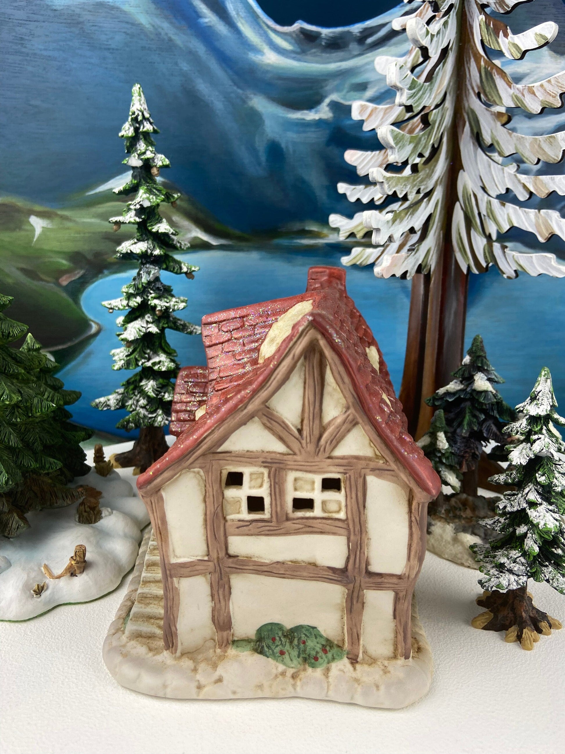 Christmas Village Farm House with Red Roof. Illuminated Building Holiday Decoration. - Tampa Home & Garden Store