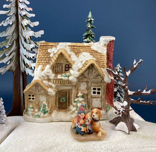 Christmas Village Rustic Cottage/Cabin with Boy & Dogs Figurine. Illuminated Porcelain Hand Painted Bldg. Home or Retail Alt. Holiday Decor. - Tampa Home & Garden Store