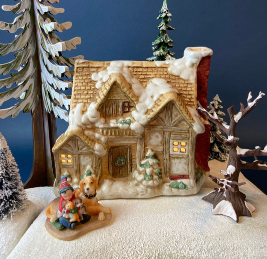 Christmas Village Rustic Cottage/Cabin with Boy & Dogs Figurine. Illuminated Porcelain Hand Painted Bldg. Home or Retail Alt. Holiday Decor. - Tampa Home & Garden Store