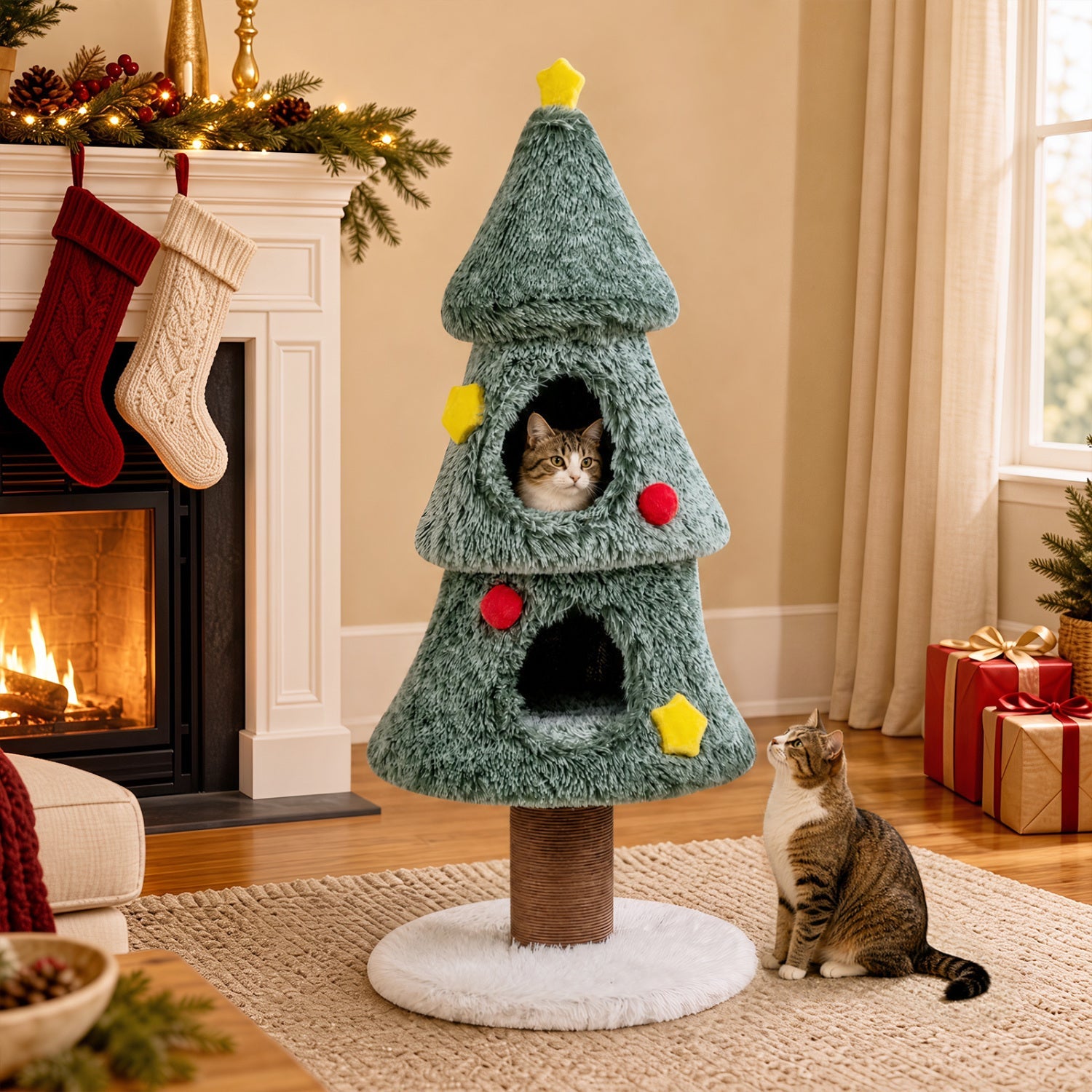 Christmas Cat Tree with 2 condos and scratching post in green, two cats visible DirectDeals on Tampa Home & Garden Store