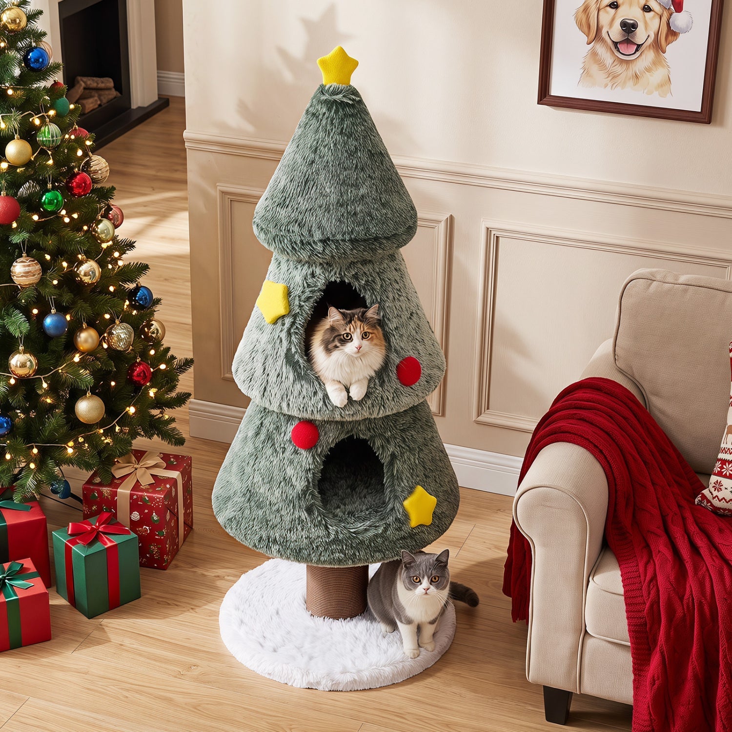 Christmas Cat Tree with 2 Condos & Scratching Post DirectDeals green plush cone with cat peeking on Tampa Home & Garden Store