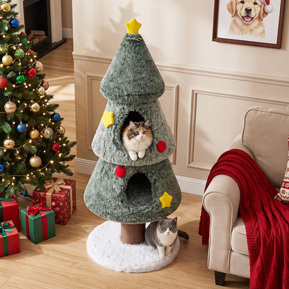 Christmas Cat Tree with 2 Condos & Scratching Post DirectDeals green plush cone with cat peeking on Tampa Home & Garden Store