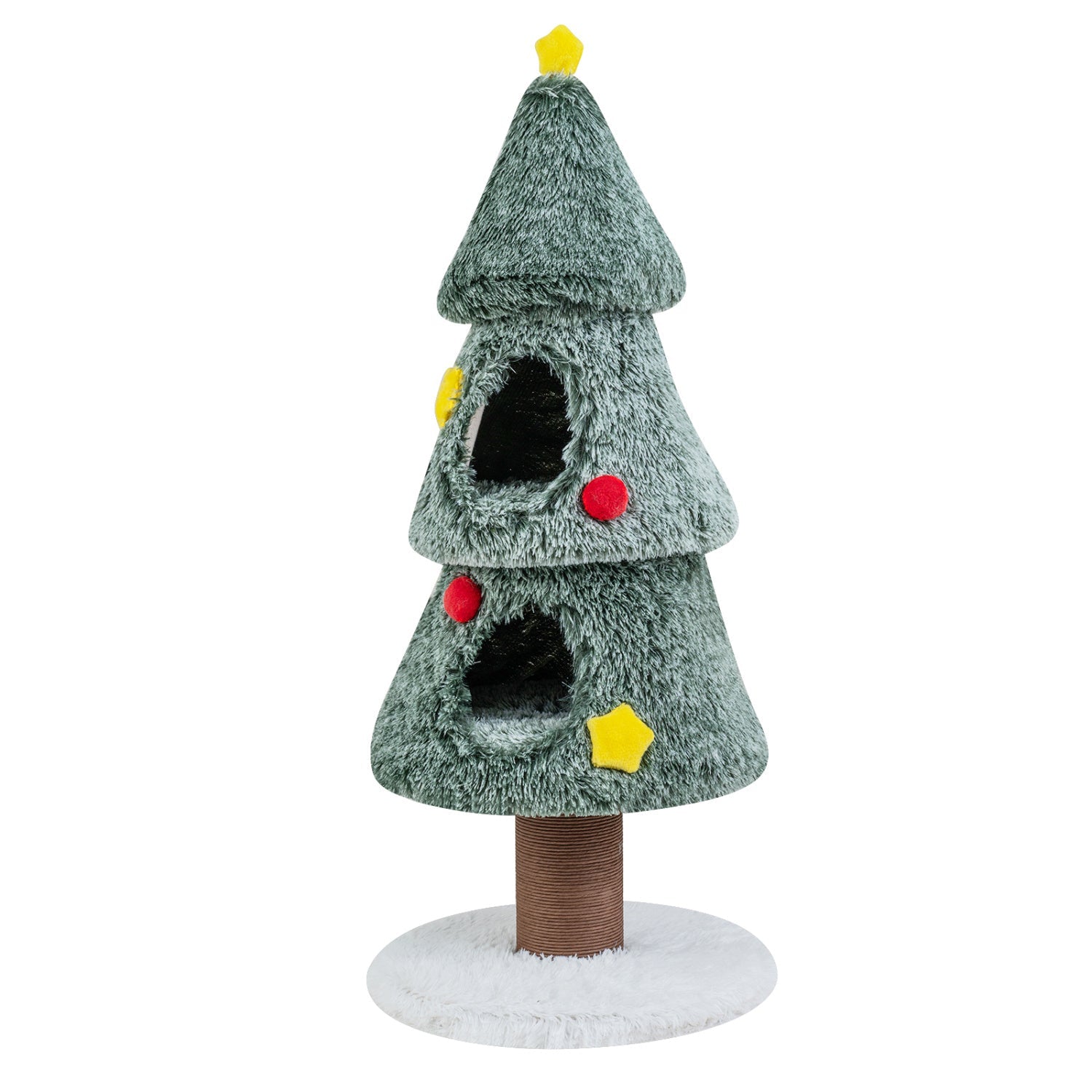 DirectDeals Christmas Cat Tree with 2 Condos & Scratching Post, green plush, openings, red poms on Tampa Home & Garden Store