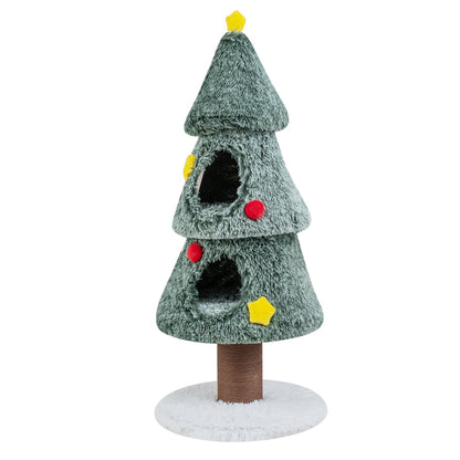 DirectDeals Christmas Cat Tree with 2 Condos & Scratching Post, green plush, openings, red poms on Tampa Home & Garden Store