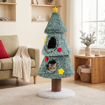 DirectDeals Christmas Cat Tree with 2-condos & Scratching Post in teal plush, cat peeks out on Tampa Home & Garden Store