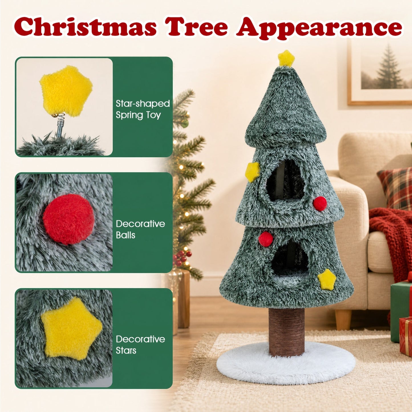 Cat Tree DirectDeals green shaggy Christmas tree with 2 condos and scratching post on Tampa Home & Garden Store