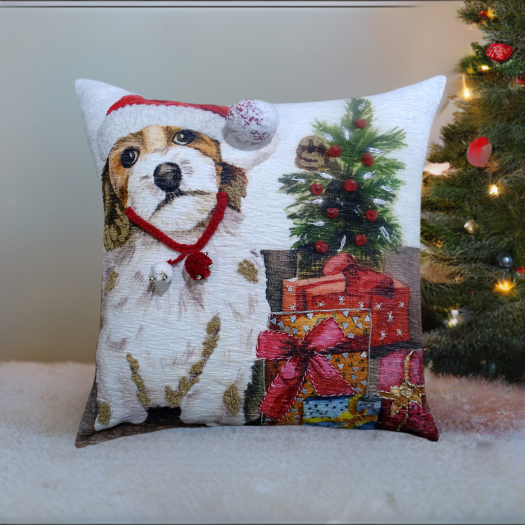 Vibhsa Throw Pillow 20x20 dog in red Santa hat beside tree and gifts on Tampa Home & Garden Store
