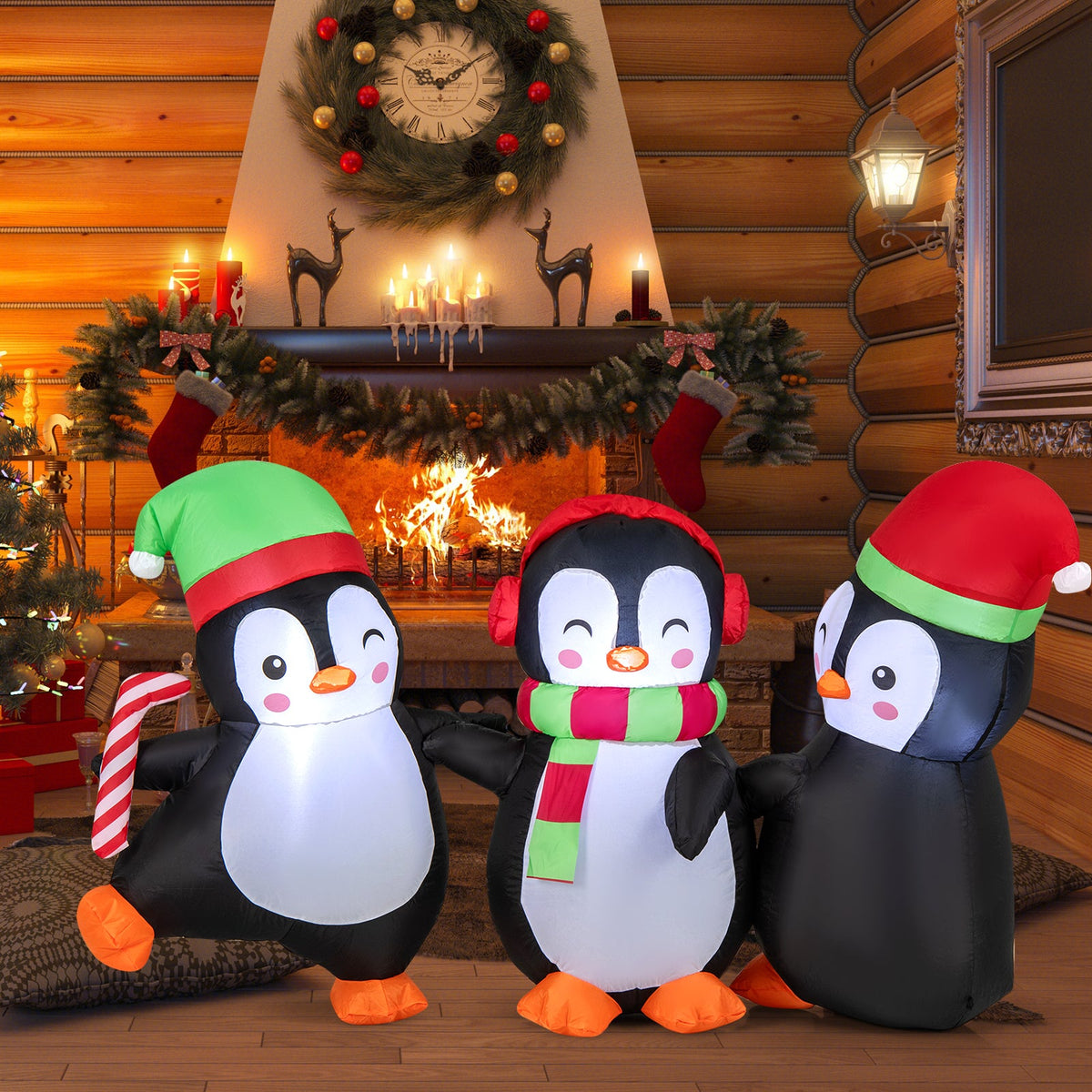 Christmas inflatable penguin family with built-in LED lights; three penguins in hats on Tampa Home & Garden Store