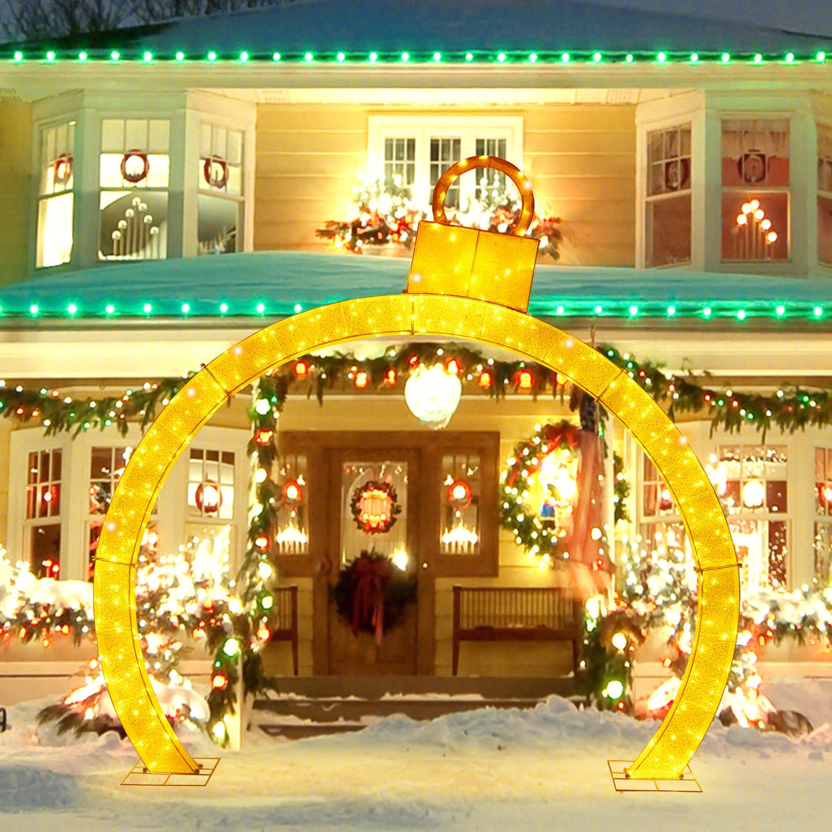 10.5 ft Christmas pre-lit arch with gold ornament cap and 300 warm white LEDs DirectDeals on Tampa Home & Garden Store