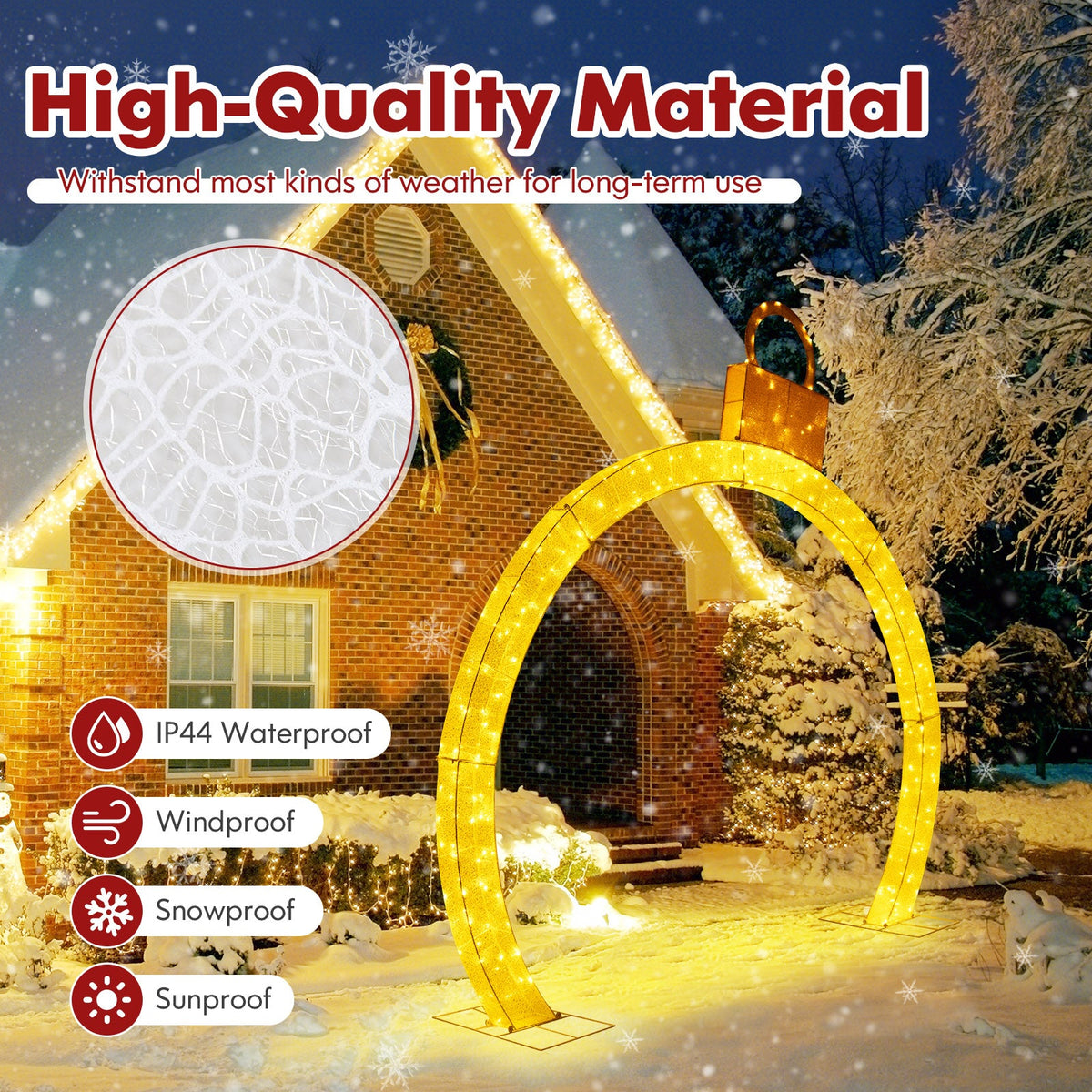 10.5 ft Christmas pre-lit arch with gold ornament cap and 300 warm white LED lights on Tampa Home & Garden Store