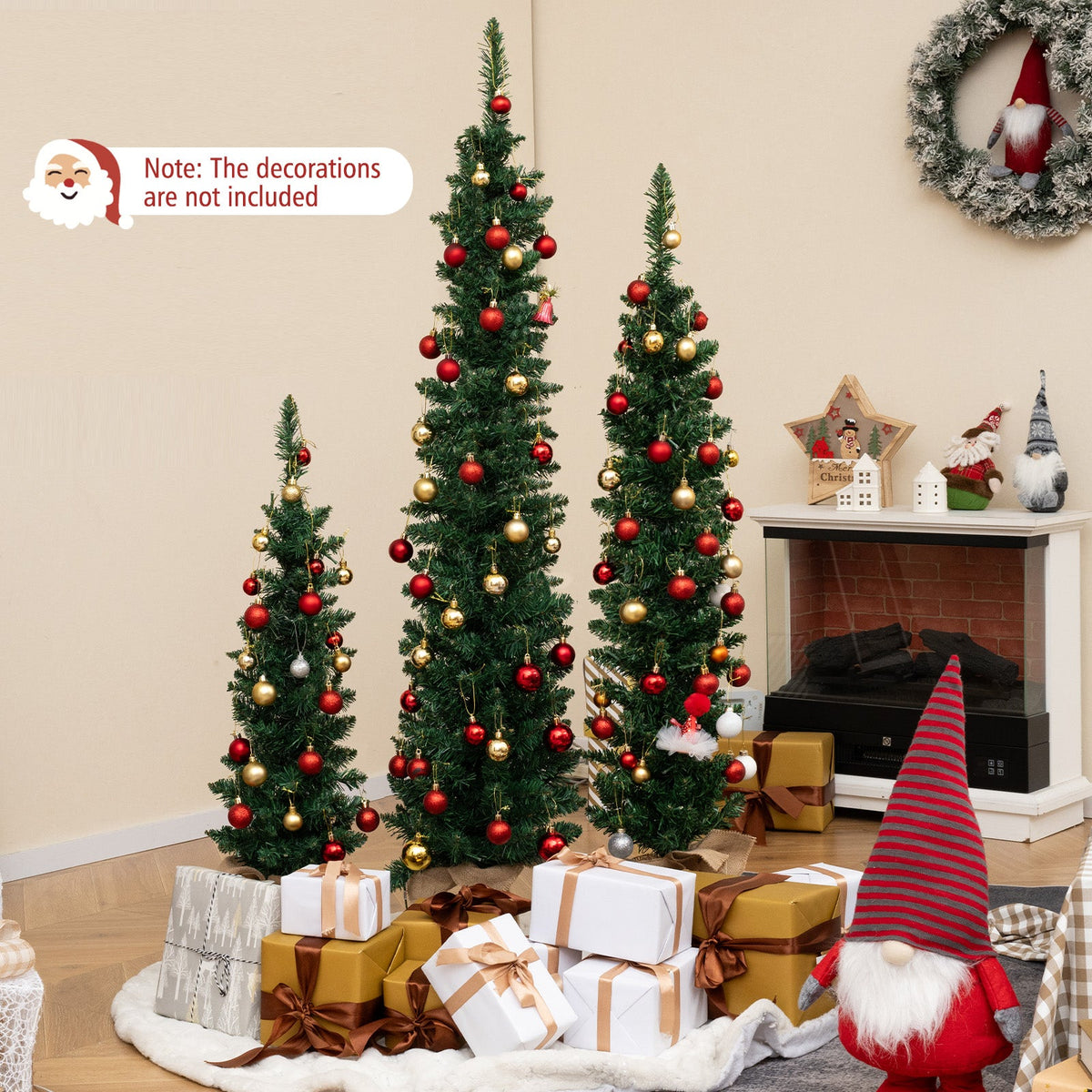 DirectDeals Pre-Lit artificial Christmas trees set of 3 with LED lights, green with red ornaments on Tampa Home & Garden Store